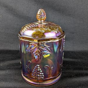 Large vintage carnival glass lidded jar grape motif
